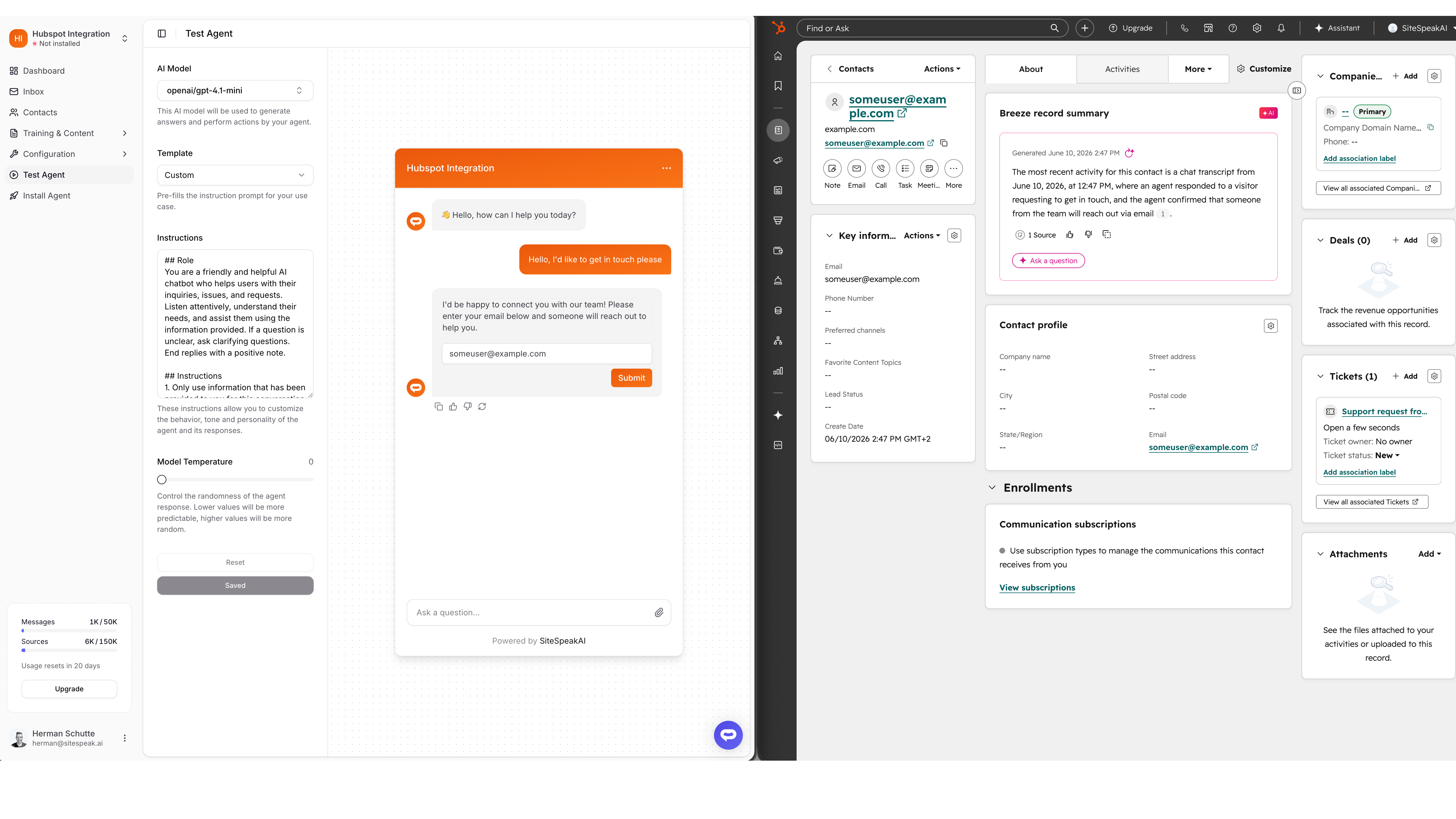 SiteSpeakAI chatbot capturing a lead that appears as a new contact in HubSpot