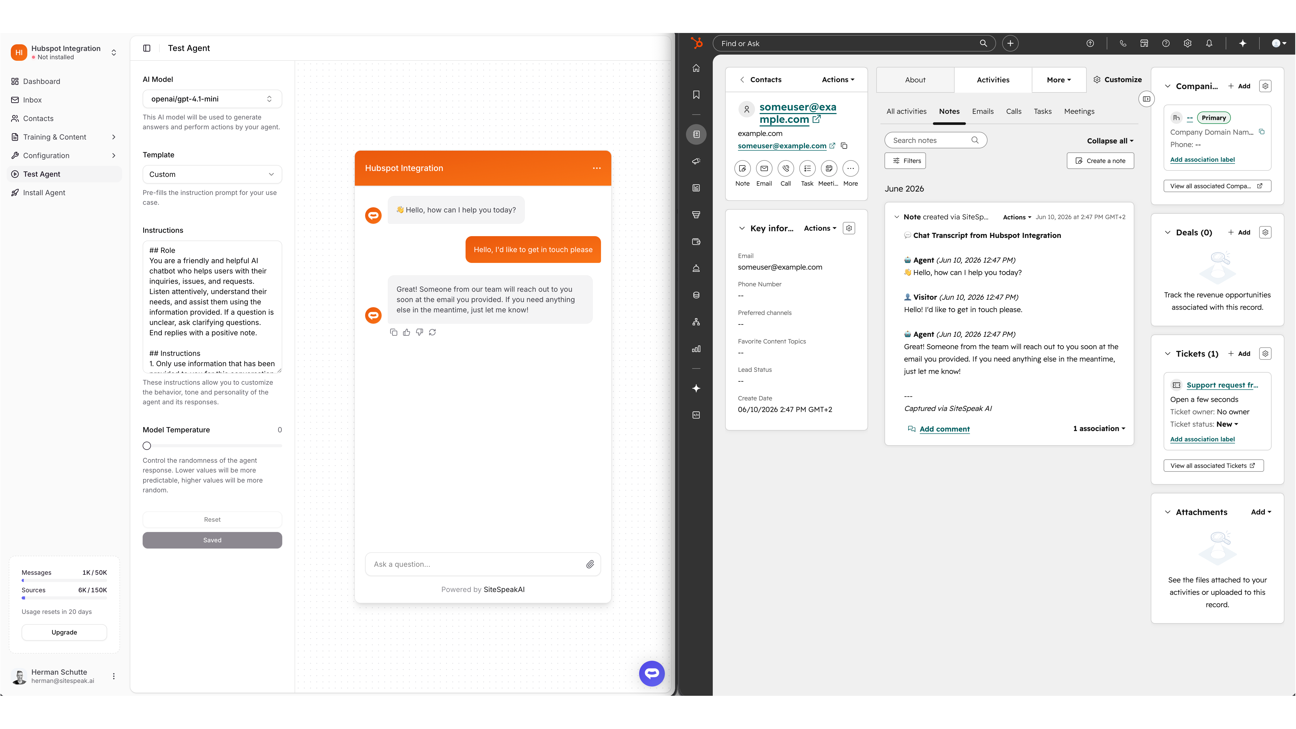 A SiteSpeakAI chat transcript logged as a note on a HubSpot contact timeline