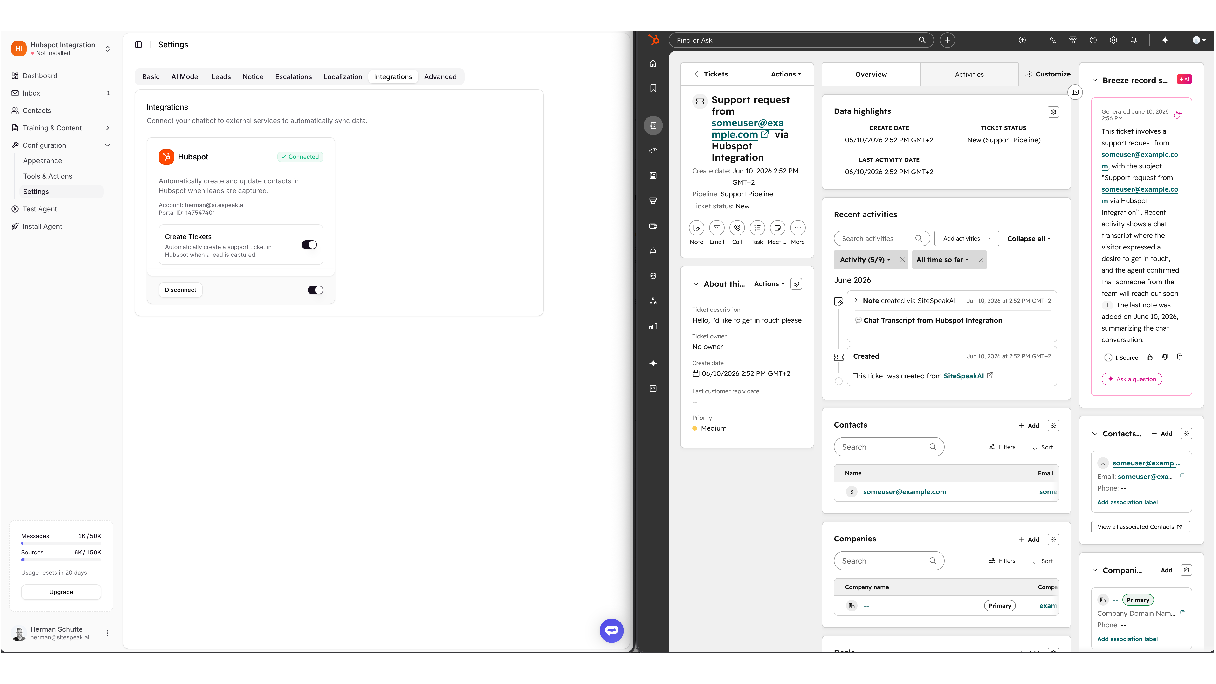 A chatbot conversation creating a support ticket in HubSpot